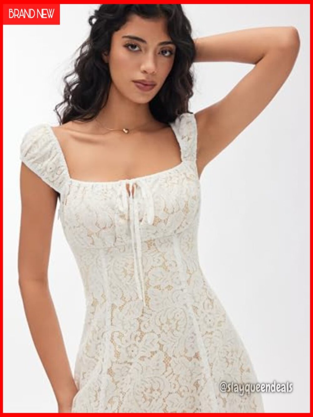 Lace Mini Dress Square Neck Short Puff Sleeve A Line Cocktail Party - Picture 5 of 6